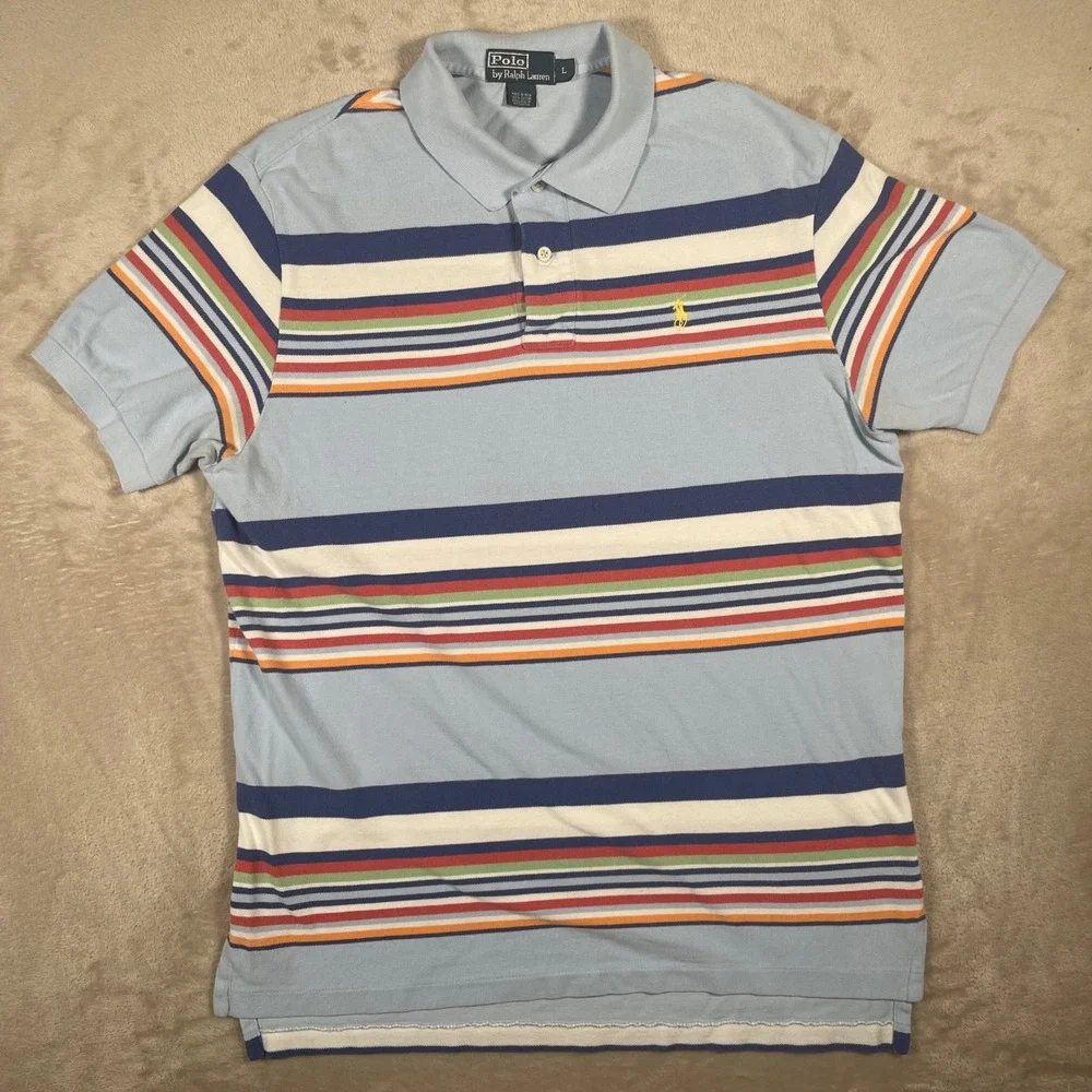 Vintage Polo Ralph Lauren Polo Shirt Multi Stripe Mens Large Blue Short Sleeve